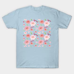 Pink Hibiscus and Sakura Blue Background T-Shirt